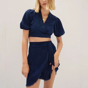 Mango Wrap Top Skirt Set Lyocell Chambray dark wash denim crop high waisted